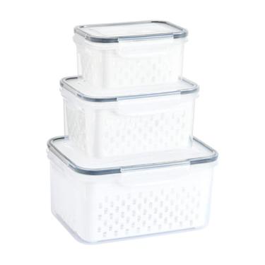 Imagem de Kit 3 Potes Organizadores de Geladeira Hermético com Trava nas Tampas Borracha Isolante e Cesto de Escorrer Removível - Organizador de Alimentos Frutas Legumes Saladas - Sem BPA