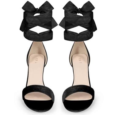 Imagem de Perphy Sandálias femininas de veludo com bico aberto no tornozelo e salto grosso, Preto, 36