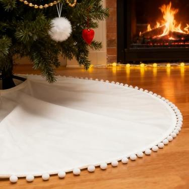 Imagem de SevenFish Saia de árvore de Natal pequena de 76 cm, saia branca de pelúcia com pompom para festa de Natal em ambientes internos e externos, família, inverno, casa, decoração de árvore de Natal