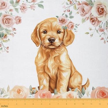 Imagem de Erosebridal Tecido de estofamento de cachorro de desenho animado, tecido Golden Retriever de animais de estimação engraçados por jarda, flores desabrochando material botânico natural estilo pastoral