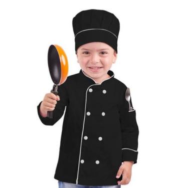 Imagem de Kit Dólmã E Chapéu Infantil Preto Unissex Para Chef De Cozinha Criança