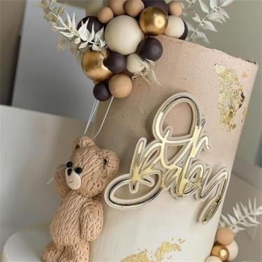 Imagem de LZGXZF Topo de bolo de madeira e acrílico Oh Baby Shower Topper de bolo de chá de bebê espelho dourado decorações de bolo de feliz aniversário meninos e meninas para decoração de festa de aniversário