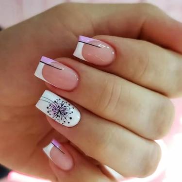 Imagem de Kit de unhas postiças médias quadradas francesas com design requintado de dente-de-leão acrílico artificial prensas falsas cobertura completa para mulheres uso diário manicure casamento 24 peças