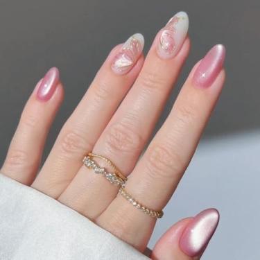 Imagem de Pregos postiços médios amêndoa rosa roxo com design requintado de borboleta, capa completa, cola artificial em bastão falso para mulheres, 24 peças