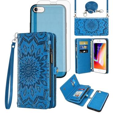 Imagem de Asuwish Capa de celular para iPhone 7/8/SE 2020/2022 carteira com zíper com alça protetora de tela flor flip iPhone7 iPhone8 7s 8s i SE2020 SE2022 2/2nd/3/3ª geração SE2 SE3 7SE 8SE feminina azul