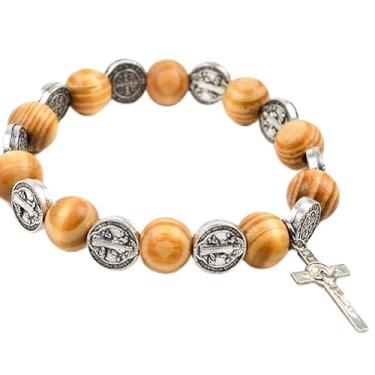 Imagem de Pulseira de fio elástico de madeira maciça natural rosário religioso masculino feminino católico Jesus Cristo joias Pulsera