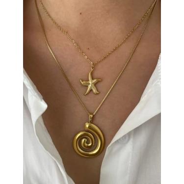 Imagem de Colar com pingente de concha de estrela do mar dourada de camada dupla, estilo boêmio, oceano e praia, joias femininas