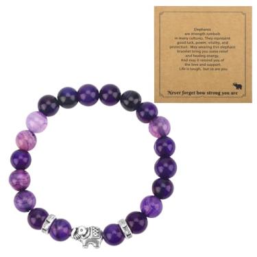 Imagem de Pulseira de ametista feminina, pulseira roxa com contas de cristal de pedra natural com pingente de elefante joia inspiradora para presente