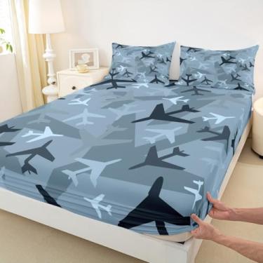 Imagem de Jogo de cama solteiro com estampa de avião camuflado, 2 peças, para decoração de quarto de crianças, meninos e adolescentes, camuflagem azul e preto, capa de cama de microfibra macia com 1 fronha