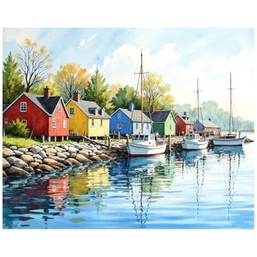 Imagem de Kit de pintura por números de vila de pescadores para adultos - Casas coloridas DIY com barcos e pintura à beira-mar em tela 40,6 x 50,8 cm, conjunto de tinta acrílica, arte para decoração de casa ou