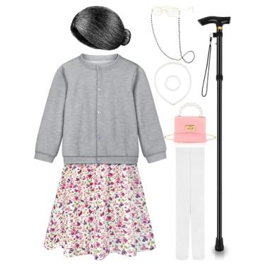 Imagem de Gnodio Fantasia de senhora para crianças 100 dias de escola fantasia de avó velha peruca acessório de fantasia de senhora para meninas, Cinza, 5-7X