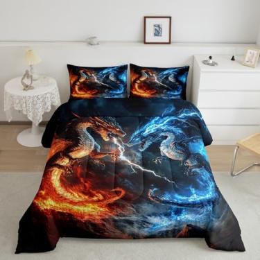 Imagem de Feelyou Conjunto de edredom king size com dragão para meninos, meninas, adolescentes, vida selvagem, conjunto de edredom para decoração de quarto, azul e laranja