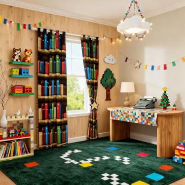 Imagem de Cortinas de janela de jogo Pixel Vedio, estante de livros pixelada, decoração de quarto de meninos e meninas, cortinas de janela de jogos de construção modernas, 2 painéis coloridos, 132x296 cm C