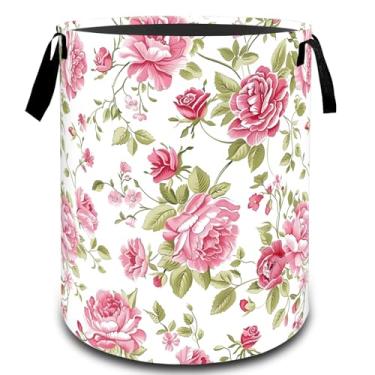 Imagem de VODRM Cesto clássico de roupa suja floral rosa, organizador de brinquedos para crianças e adultos, cesto de armazenamento impermeável de tecido Oxford para quarto, banheiro, decoração de casa