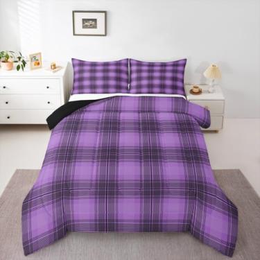 Imagem de Feelyou Conjunto de edredom xadrez roxo preto para todas as estações, geométrico, xadrez, 1 fronha, vintage, de microfibra estética, roupa de cama de solteiro, para decoração de quarto, edredom macio