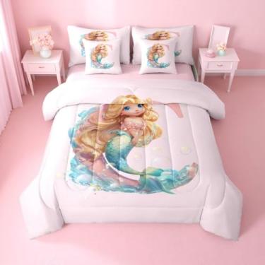 Imagem de Erosebridal Jogo de cama solteiro com estampa de sereia rosa fofo – cama com monograma em uma bolsa, conjunto de edredom personalizado com inicial C com lençóis, conjunto de cama de princesa Coquette