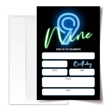 Imagem de ANYEMW Convites de 9º aniversário Neon Glow 10 x 15 20 cartões com 20 envelopes para meninos e meninas Convites de festa de 9º aniversário. (190)