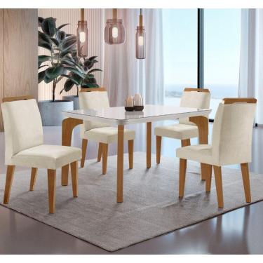 Imagem de Conjunto Mesa Liz 120cm Com Vidro Cp 4 Cadeiras Athenas Moderna Veludo Creme Off White Imbuia