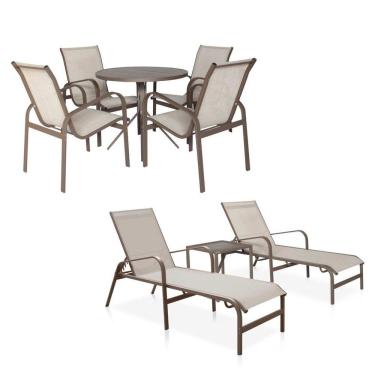 Imagem de Conjunto 1 Mesa + 4 Cadeiras + 2 Espreguiçadeiras - Marrom Com Tela Café Com Leite