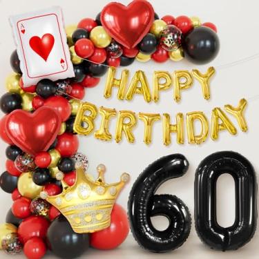 Imagem de KatchOn, Happy 60th Birthday Decorations - Pack of 65 | Gold Happy Birthday Balloons Arch Kit, Heart Balloon, Crown, Poker, Black 60 Balloon Numbers | Casio 60th Birthday Decorations for Men, Women