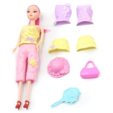 Imagem de Boneca Mila Dress Fashion com 8 Acessórios Sortidos Premium , Conjunto de Roupas e Espelhos em Rosa e Amarelo, Brinquedo para Meninas.