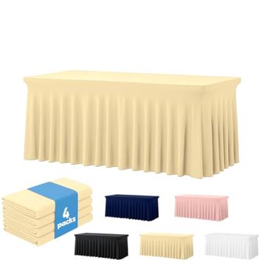Imagem de Deep Dream Pacote com 4 toalhas de mesa de elastano marfim para mesas retangulares de 2,3 m, sem rugas, 2,8 m, toalha de mesa elástica para festa, banquete, casamento e eventos