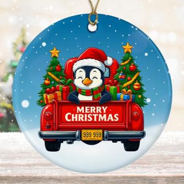 Imagem de DamienBrightGift Enfeite de Natal Pinguim no Caminhão Vermelho - Decoração de Cerâmica Pássaro Papai Noel Bonito - Presente de Lembrança de Feriado Animal Engraçado - Decoração de Árvore de Natal