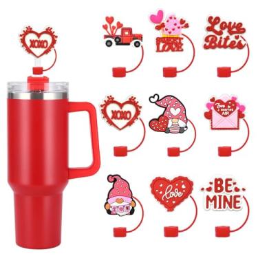 Imagem de 9 peças de tampas de palha de dia dos namorados para copos de 850.5 g 1,134.0 g, copos de 10 mm, tampas de palha de silicone reutilizáveis, doce, amor, coração, canudos, pontas para decoração de copos