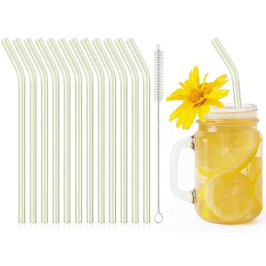 Imagem de 12 canudos de vidro reutilizáveis de 20 cm x 8 mm com escova de limpeza para chá, smoothies, milkshakes, sucos e bebidas. (amarelo)