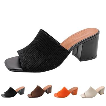 Imagem de OXNEUHG Sandália feminina de malha peep toe salto grosso, moderno, bico aberto, sem cadarço, salto bloco, mules, verão, casual, respirável, sandália deslizante, Preto, 40