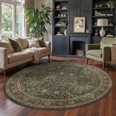 Imagem de Bavni Tapete redondo lavável à máquina de 2,4 m, antiderrapante para quarto, 20 x 20,3 cm, tapete floral vintage para sala de estar, berçário, cozinha, banheiro, verde escuro/multi