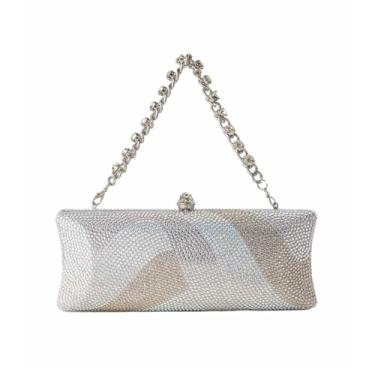 Imagem de DKQXEIM Bolsa feminina moderna de strass de forma longa com glitter de cristal para noite bolsa transversal para coquetéis, Prata, 9.8 * 3.9 * 1.6 inches