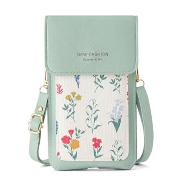 Imagem de Bolsa tiracolo pequena para mulheres, mini bolsas de couro com flor e alça transversal, carteira de viagem, tela sensível ao toque, Verde, Medium, Tendência