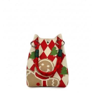 Imagem de Sacola de malha de Natal, bolsa masculina de gengibre de Natal com alça de corda, bolsa de ombro festiva de inverno com padrão de árvore para presentes, bolsa feminina casual de Natal