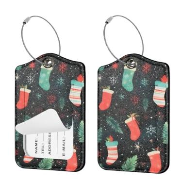 Imagem de Seorsok 2 peças de etiquetas de viagem de bagagem para malas, lindas meias de Natal, etiqueta de nome de couro PU com capa de privacidade e etiqueta de identificação, cartão de endereço e anel de