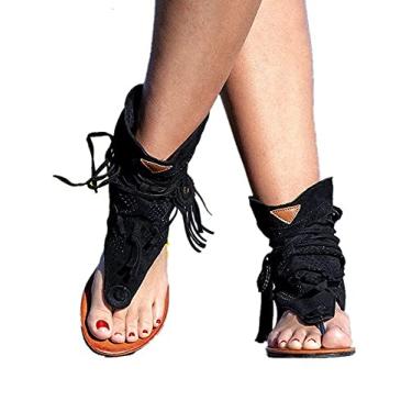 Imagem de Chinelo sandálias com franjas, tanga, sapatos para mulheres, borlas de camurça, retrô, casual, com borlas, gladiador, feminino, bico de presilha, botas vintage 2021 verão (43-(EUA 10,5), preto)