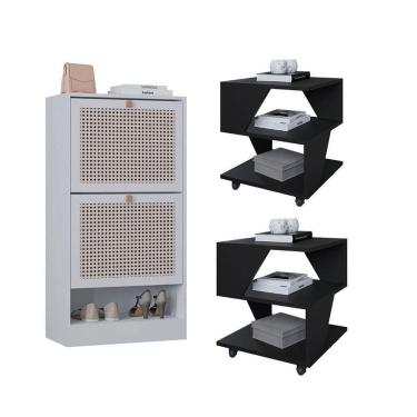 Imagem de Kit Sapateira 2 Portas E 2 Mesas De Cabeceira/centro Poquema Preto/branco