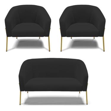 Imagem de Sofá Namoradeira E 2 Poltronas Pé De Ferro Dourado Stella Veludo D03 - D'rossi Cor Preto