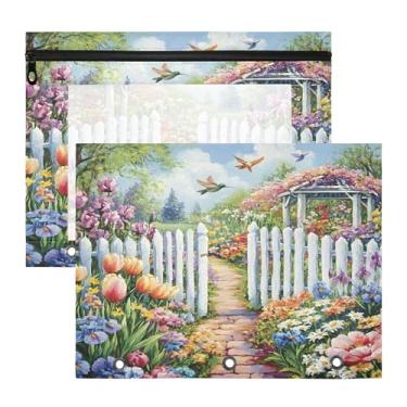Imagem de SEHANY Pasta de lápis de flores de jardim com 3 anéis - bolsa de documentos com zíper tamanho A4 com janela transparente para sala de aula, escritório, 2 peças