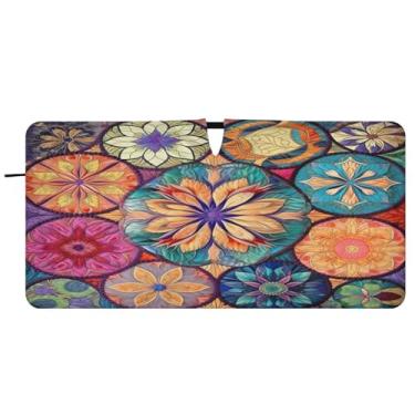 Imagem de Blueangle Para-brisa de azulejo têxtil oriental colorido - 149.9 cm x 76.2 cm dobrável carro janela frontal blocos para-sol raios UV viseira de sol (449)