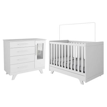 Imagem de Jogo De Quarto Infantil Retrô Janelas Cômoda E Berço Branco Brilho - Móveis Peroba