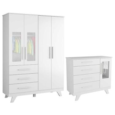 Imagem de Jogo De Quarto Infantil Retrô Janelas Guarda Roupa E Cômoda Branco Brilho - Móveis Peroba