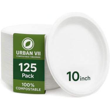 Imagem de URBAN VII Pratos de papel compostáveis brancos de 25 cm [pacote com 125] – Pratos de bagaço descartável resistente (fibra de cana-de-açúcar), louça biodegradável ecológica, segura para micro-ondas e à