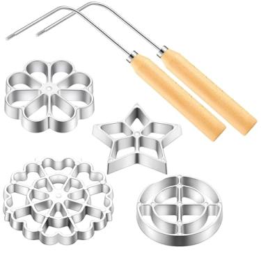 Imagem de Bunuelos molde com alça, conjunto de moldes de ferro roseta, kit de fabricação de carimbos de cozinha, cortador de biscoito de liga de alumínio com 2 alças e 4 cabeças intercambiáveis flor círculo