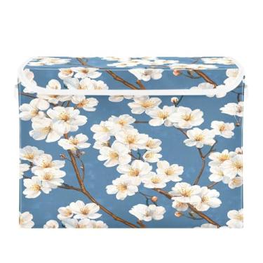 Imagem de CEBUGI Caixotes de armazenamento com tampas, caixa de armazenamento de tecido dobrável, caixas organizadoras de cubo de flores de cerejeira brancas para prateleiras de quarto de armário de casa 40 x