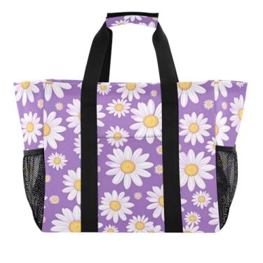 Imagem de Wassud White Daisies Sacolas de mercearia reutilizáveis grande bolsa organizadora de lona impermeável para praia, piquenique, lavanderia, viagem