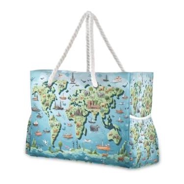 Imagem de Wassud Bolsa de praia com visão do mapa do mundo, bolsas de praia grandes para mulheres, impermeável, à prova de areia, bolsa de viagem com zíper e bolso para piscina, academia, acampamento