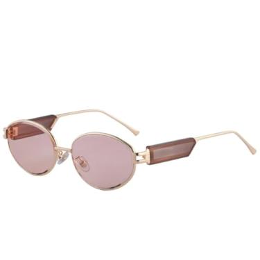 Imagem de JRLLFD Óculos de sol femininos ovais pequenos de metal de luxo, moda punk, masculino, para dirigir ao ar livre, UV400 (dourado, azul-chá)