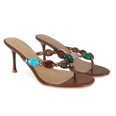 Imagem de MAIJED Sandálias femininas de salto alto com tiras de dedo aberto e salto alto com tiras de salto alto sem cadarço salto médio sapato social moderno, Marrom, 41