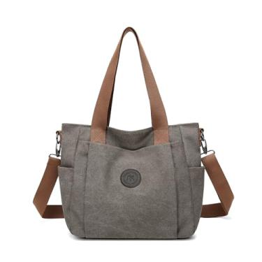 Imagem de DOURR Sacola vintage de lona lavada para mulheres, casual, bolsa tiracolo para carregar todos os dias, bolsa de ombro, viagem, trabalho, Cinza, Medium